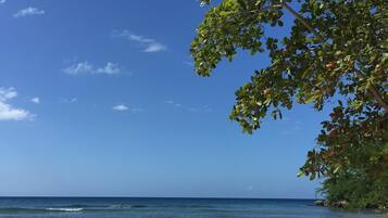 On the beach, sun-loungers, beach towels