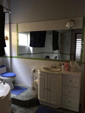 Combined shower/bathtub, jetted bath, towels, soap - B & B Los Mastodontes (Carcelen)