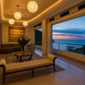 A modern living room with a large window, a sofa, a bench, a coffee table, and decorative lights.
