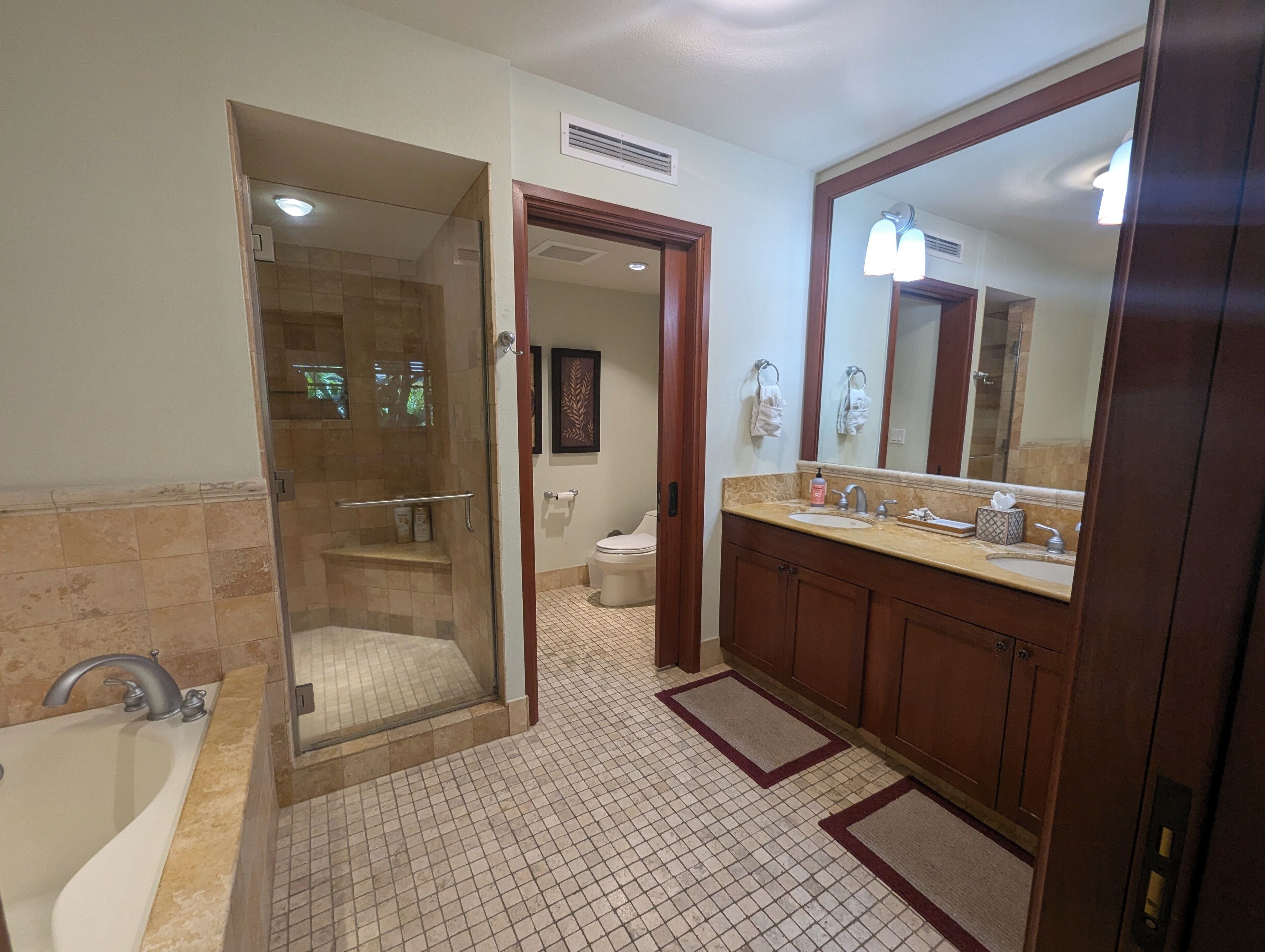 Combined shower/tub, hair dryer, towels, soap