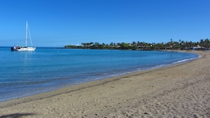 Una playa con un velero, agua azul cristalina y una fila de palmeras al fondo.