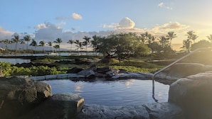 Una costa rocosa con vistas despejadas al océano y palmeras al fondo.