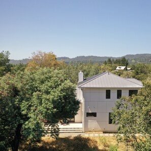 A modern two-story house with a flat roof, surrounded by dense greenery and trees.