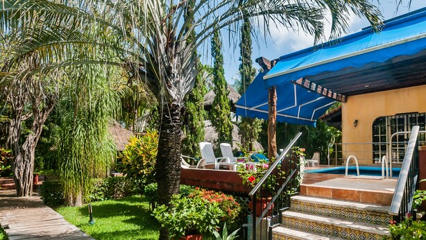 A pool area with steps leading up to a covered patio, surrounded by lush greenery and a variety of plants. - FULL APARTMENT NEAR CANCUN AIRPORT (Alfredo V. Bonfil)
