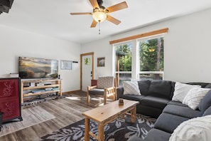 Smart TV, fireplace, video games, DVD player