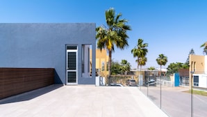 A modern building with a glass facade, a wooden wall on one side, and palm trees in the background.