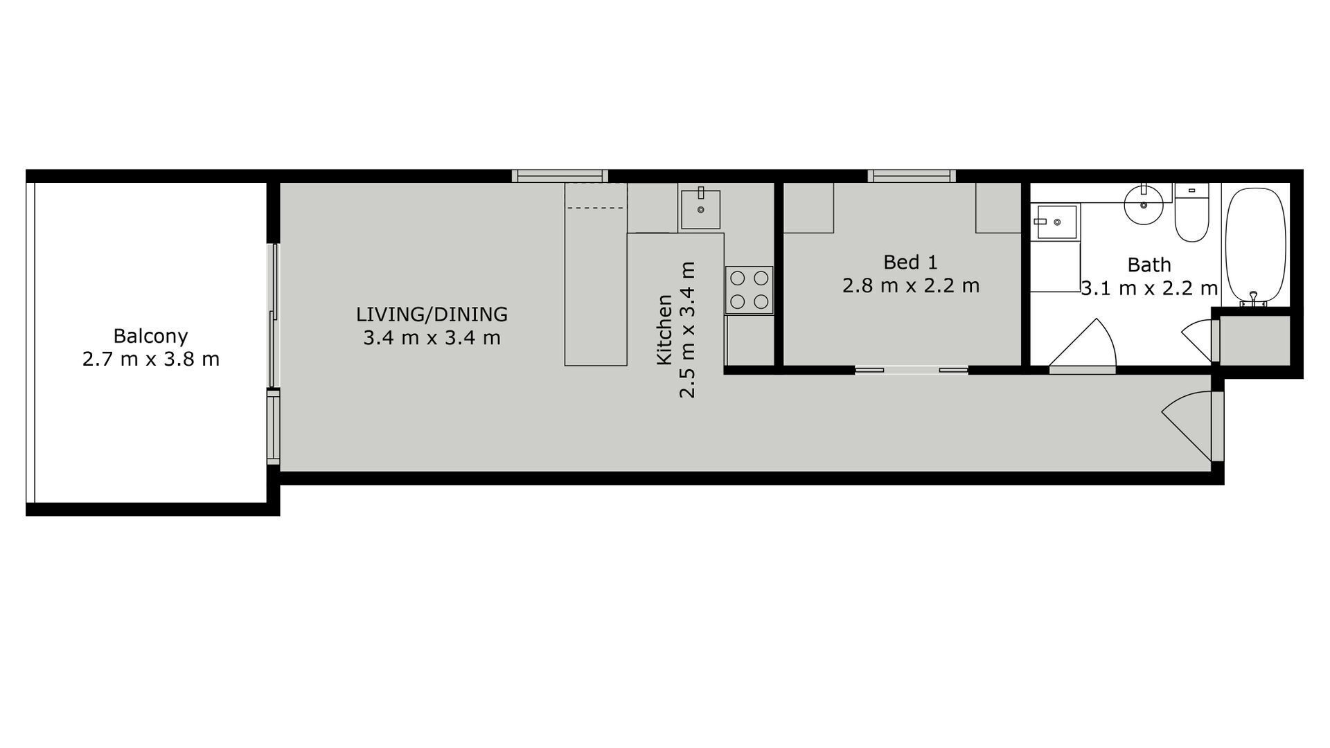 A floor plan of a hotel room with a balcony, living/dining area, kitchen, and a bathroom.