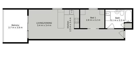 A floor plan of a hotel room with a balcony, living/dining area, kitchen, and a bathroom.
