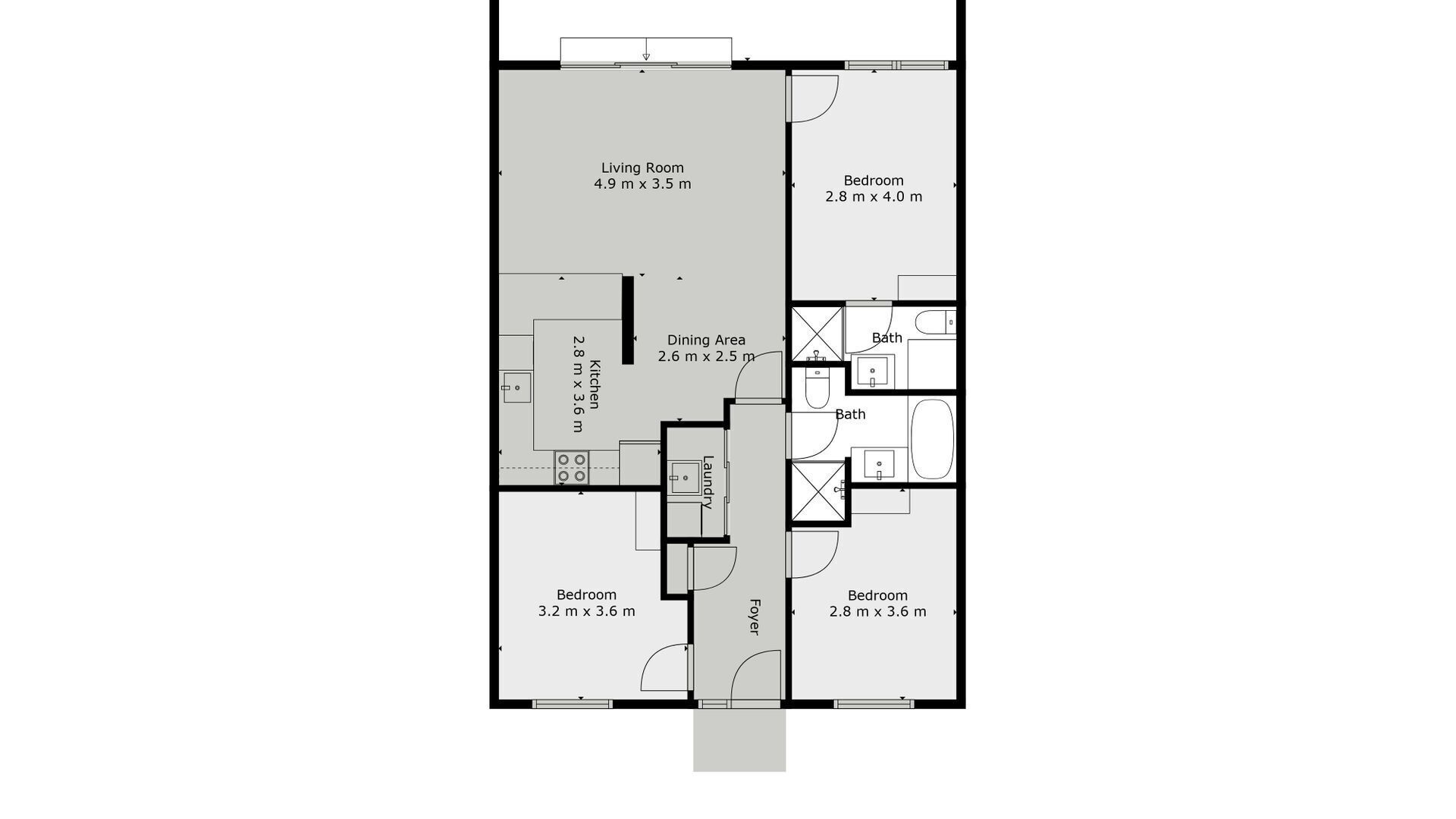 Ein Grundriss mit Wohnzimmer, Essbereich, Küche, zwei Badezimmern, zwei Schlafzimmern und einer Diele.