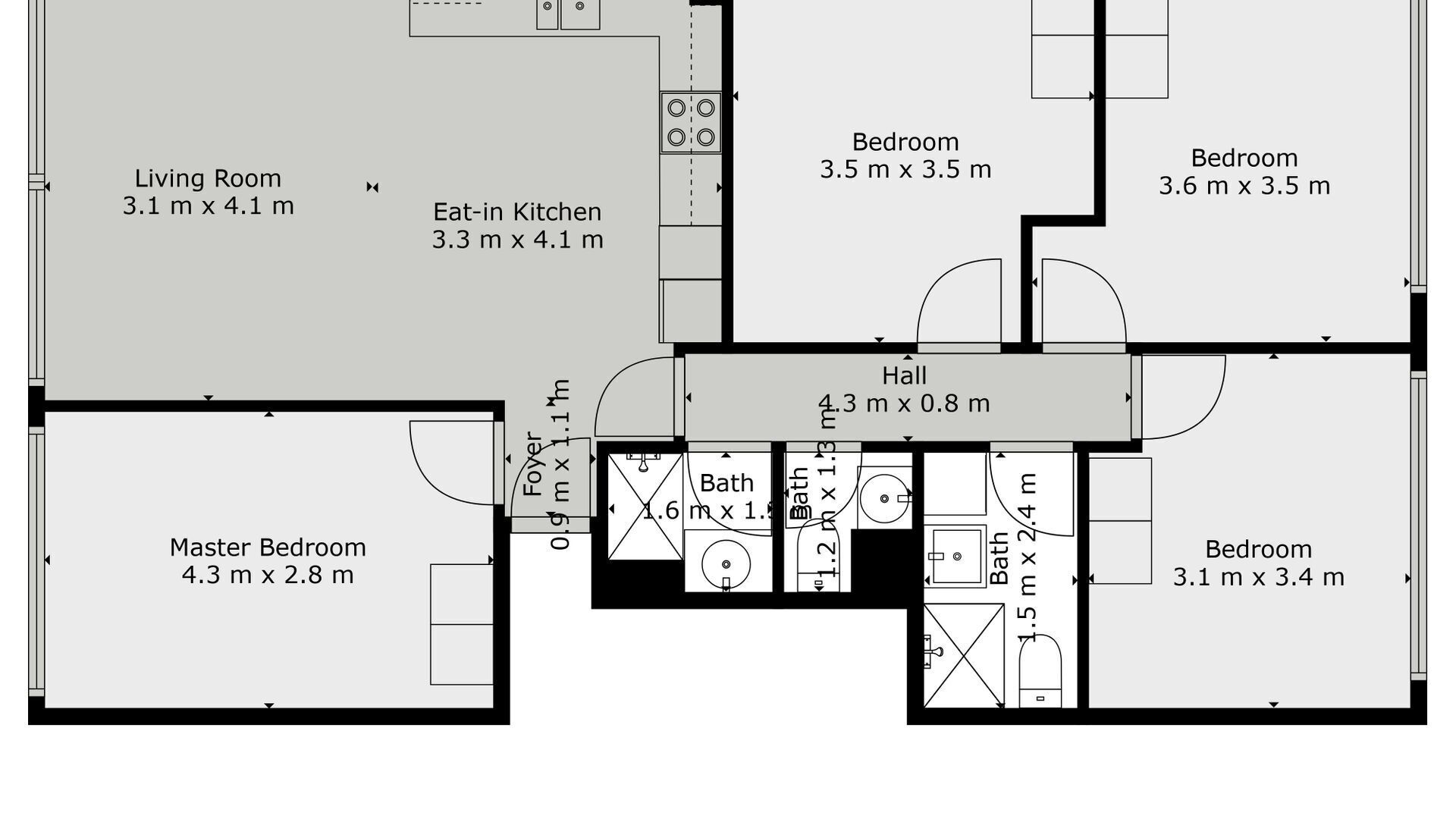 A floor plan of a house with a living room, master bedroom, two smaller bedrooms, an eat-in kitchen, a bathroom, and a hall.
