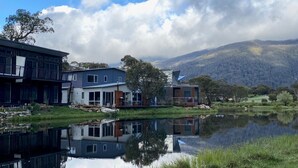 A modern house with a reflective pond, surrounded by lush greenery and a mountain backdrop.