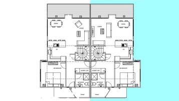 A floor plan of a hotel with two dining areas, two lounges, two bathrooms, and two laundry/dry facilities.