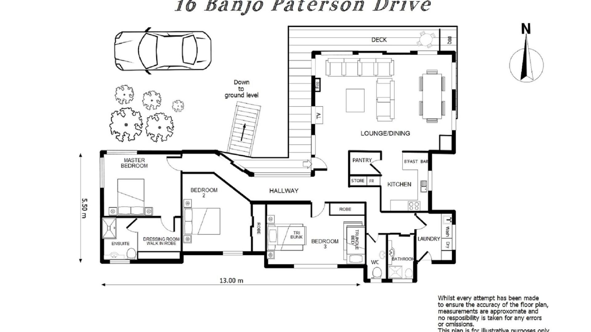 Planta baixa do número 16 da Rua Banjo Paterson, mostrando um quarto principal, dois quartos, sala de estar/jantar, cozinha e um banheiro.