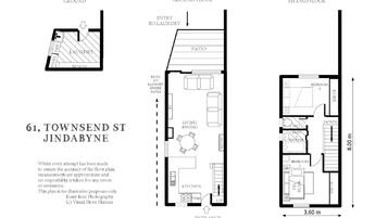 Grundriss eines Objekts in der Townsend St 61, Jindabyne, mit einem Erdgeschoss mit Waschküche, Küche, Wohnzimmer und Terrasse sowie einem zweiten Stockwerk mit Schlafzimmer, Badezimmer und zusätzlichem Wohnbereich.