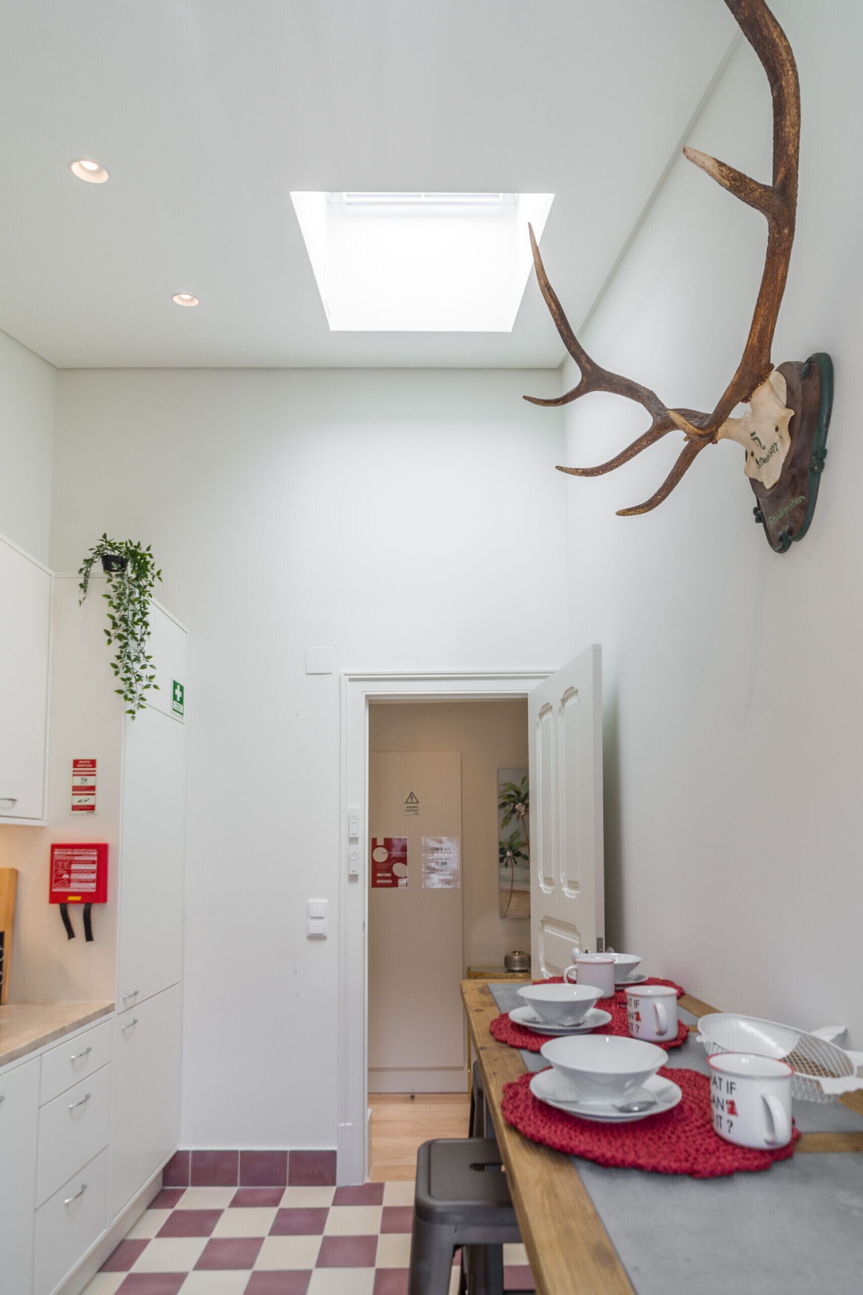 A narrow kitchen with a dining area, a mounted deer head, and a skylight.