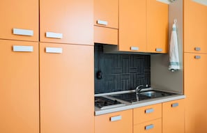 Fridge, stovetop, toaster, cookware/dishes/utensils