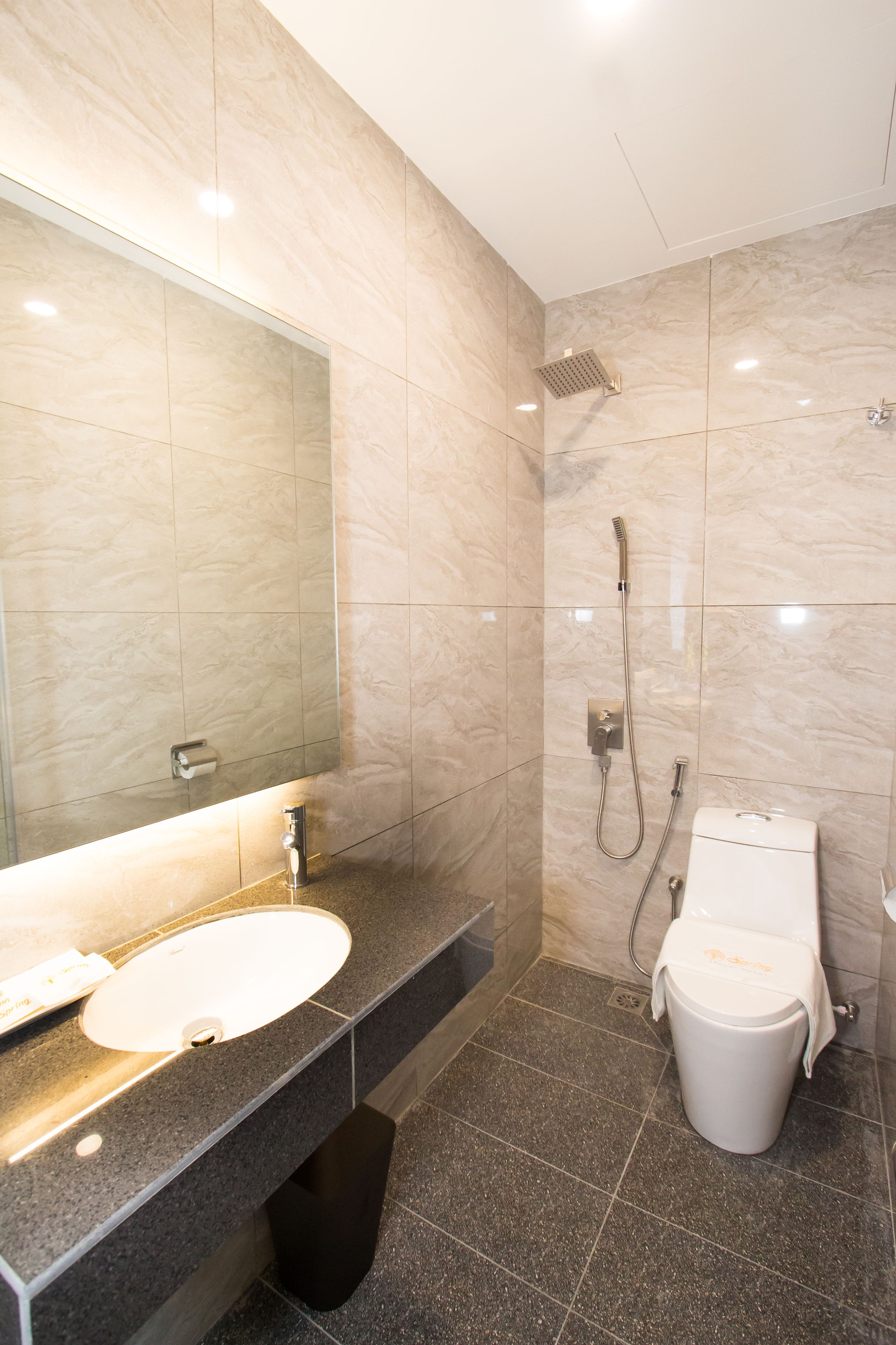 Une salle de bain moderne avec un grand miroir, un lavabo, des toilettes et une douche.
