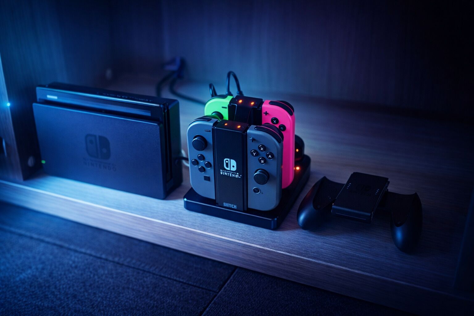 En Nintendo Switch-konsol med två Joy-Con-kontroller, en laddningsstation och en svart Joy-Con placerad på en träyta.