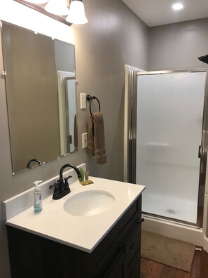 Combined shower/tub, towels - Rural Home, Hot Tub, Campfire, Hardwood Floors (Harpers Ferry)
