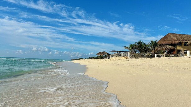 A beach with a thatched-roof structure, palm trees, and a clear blue sky. - Charming 2 Bedrooms Villa, 1 minute to Private Beach, Pool, Chef, Wi-Fi, Staff. (PLAYA DEL SECRETO)