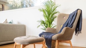 A modern living room with a grey sofa, a beige armchair with a blue throw, and a small ottoman. A large green plant is in the corner, and the room has wooden flooring. - Highview - LOVE A ROOM WITH A VIEW (Tootgarook)