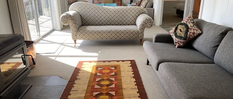 TV, caminetto, lettore DVD, libri