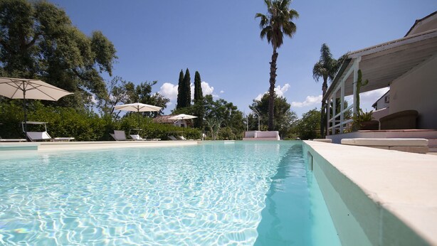 A clear swimming pool with lounge chairs and umbrellas, surrounded by palm trees and a building. - Villa Vetti, beautiful villa surrounded by greenery with swimming pool, a few km from the sea (UGENTO)