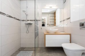 Shower, hair dryer, towels, shampoo