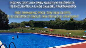 Una piscina con borde de baldosas rojas y azules, rodeada de césped, sombrillas y plantas en macetas.