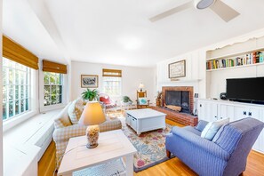 TV, fireplace, books