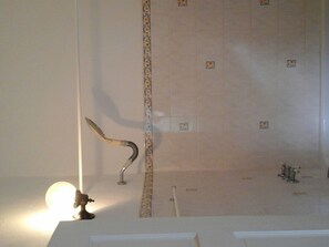 Ensemble douche/baignoire, serviettes fournies, savon, papier toilette