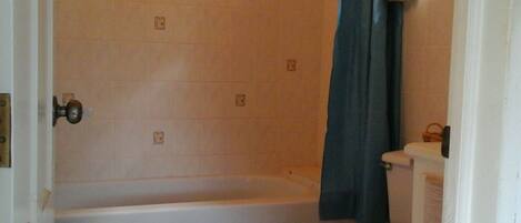 Un baño con bañera, inodoro y cortina de ducha.