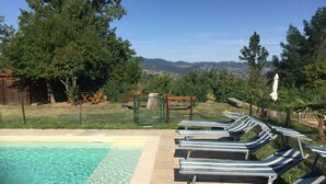 A swimming pool with clear water, surrounded by lounge chairs and a fence.