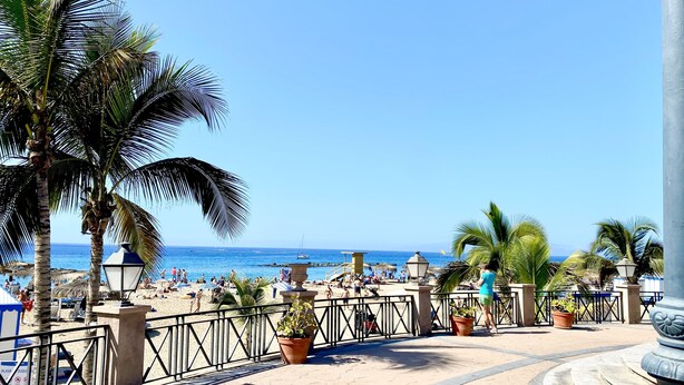 Een boulevard aan het strand met palmbomen, een hek en uitzicht op de oceaan.