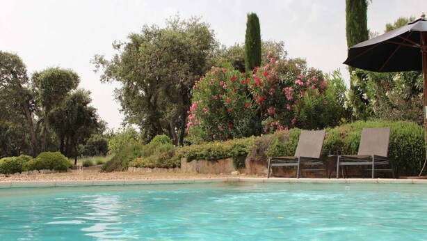 A swimming pool with clear water, surrounded by lush greenery and a few chairs under an umbrella. - Villa du Moulin with private swimming pool (Saumane de Vaucluse)