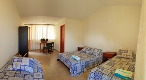Dormitorio compartido, dormitorio mixto, baño compartido (3 single beds,1 double,5 people total) | Decoración individual, escritorio, tabla de planchar con plancha