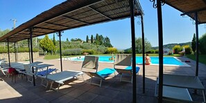 Seasonal outdoor pool, open 8:30 AM to 7:30 PM, pool umbrellas