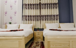 Une chambre double avec deux lits, une petite table de chevet agrémentée d’une plante, et un tapis rouge à motifs.