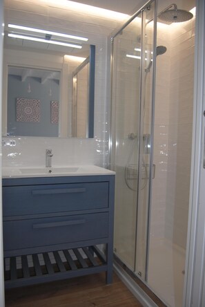 Douche, séchoir à cheveux, serviettes fournies, savon