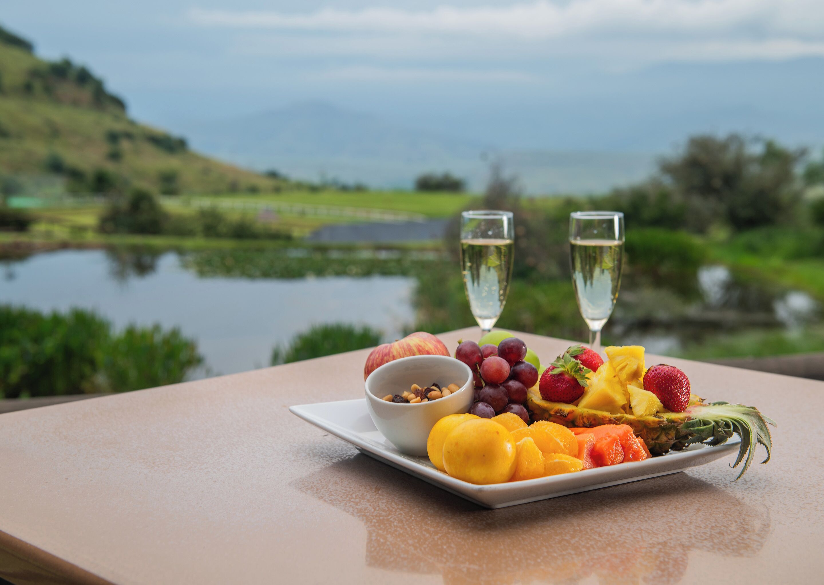 Une table avec un assortiment de fruits, deux coupes de champagne et un bol de noix, le tout placé devant une vue sur le lac.