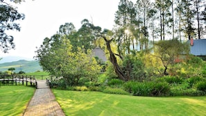 A pathway leading to a traditional house surrounded by lush greenery and trees.