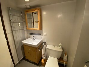 A compact bathroom with a wooden cabinet, a white sink, a mirror, and a toilet.