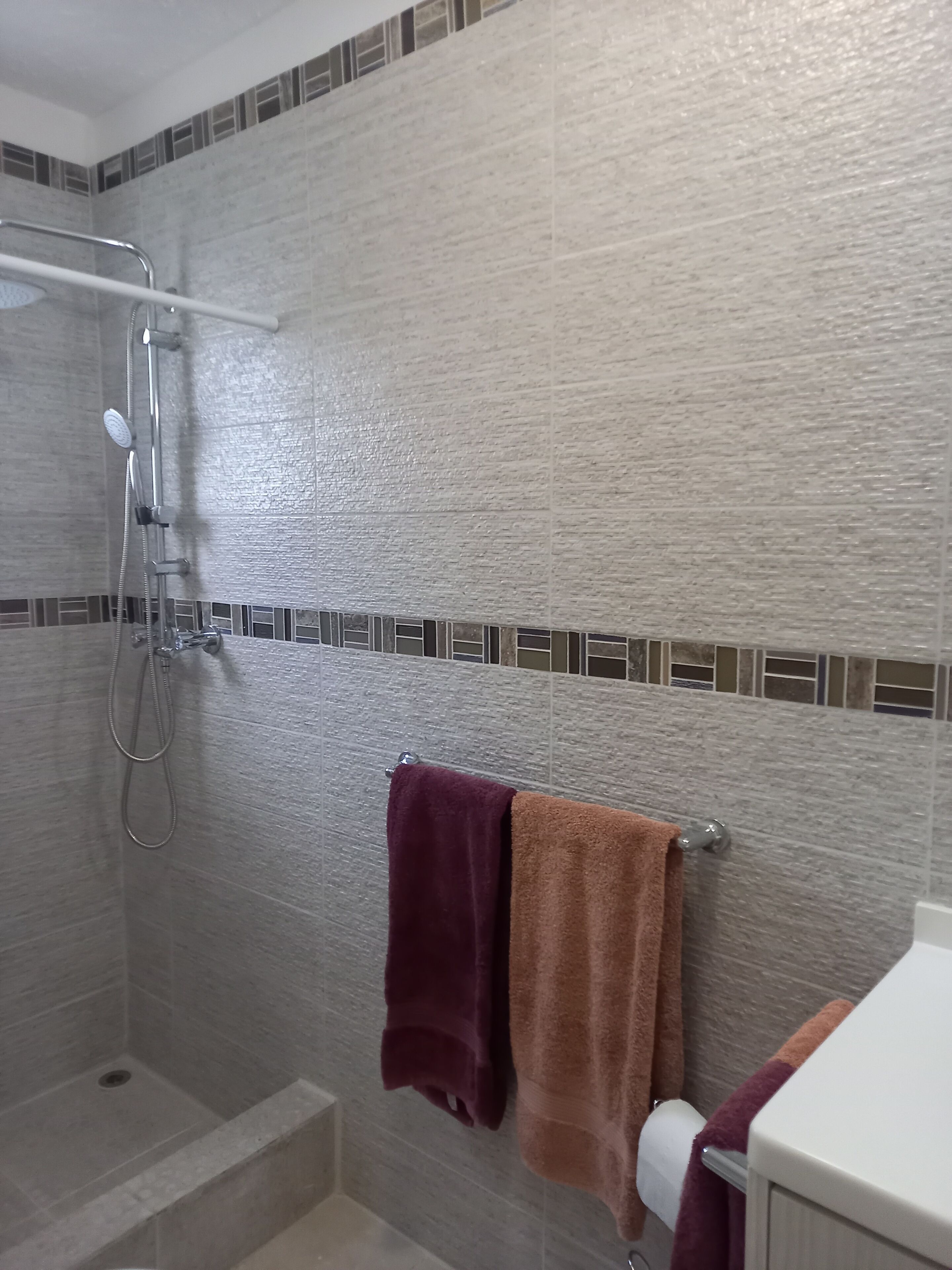 A bathroom with a shower, a toilet, and a towel rack with two towels.