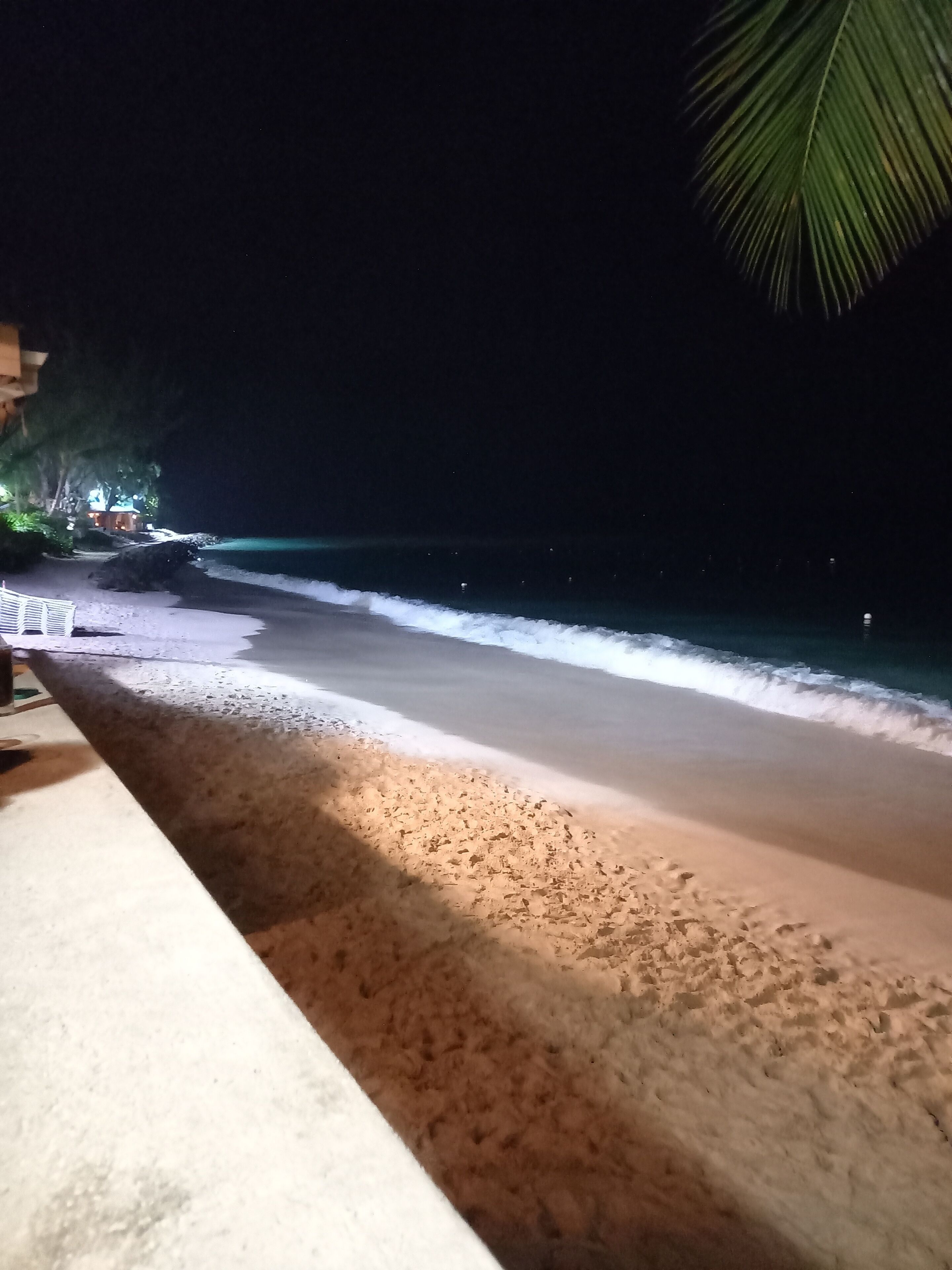Ein Strand bei Nacht mit ruhiger See, sandigem Ufer und einem Gebäude mit Lichtern im Hintergrund.