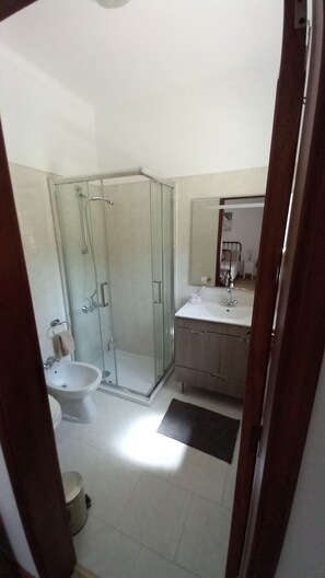 Hair dryer, towels, soap, shampoo