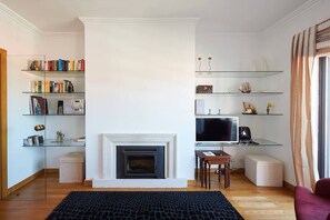TV, fireplace, books