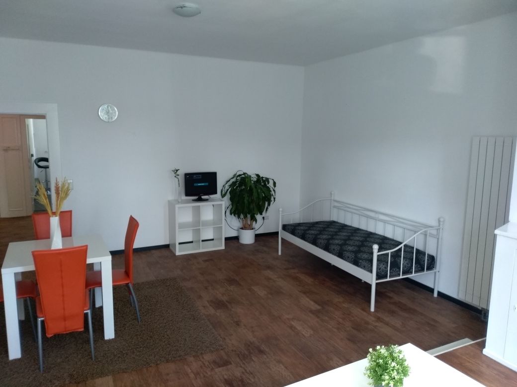 Ein kleiner, heller Raum mit einem weißen Bett, einem Esstisch mit Stühlen, einem Fernseher und einer Zimmerpflanze.