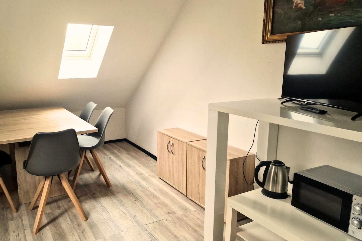 Una habitación con una mesa de comedor de madera, sillas grises, un armario pequeño, un televisor sobre un mueble bajo y una tetera en un estante.