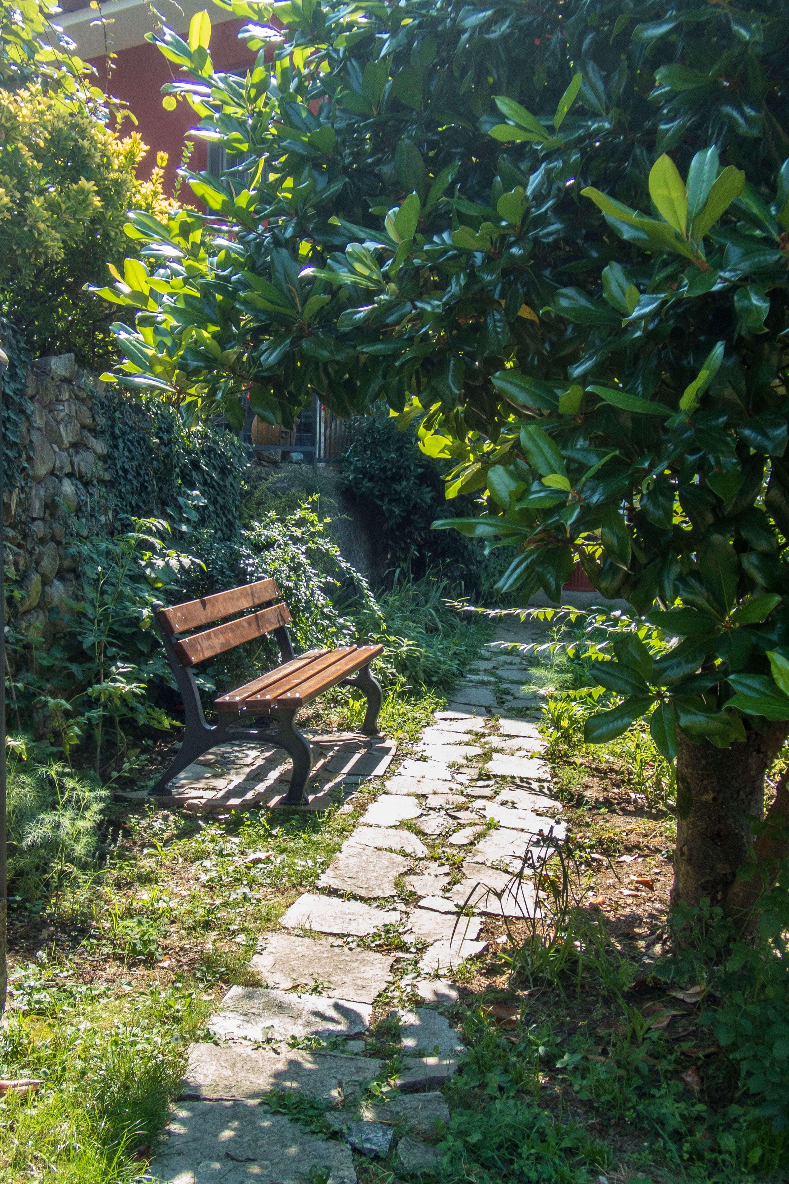 A stone pathway leading to a wooden bench surrounded by lush greenery and a stone wall.