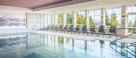 Indoor pool, open 8:00 AM to 8:00 PM, sun loungers